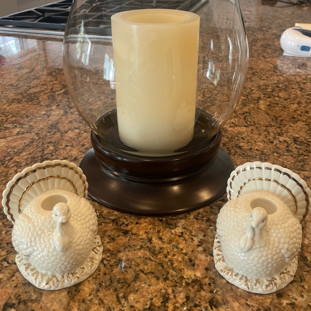 Set of 2 Lenox Turkey Taper Candle Candlestick Holders Cream & Gold EUC Fall